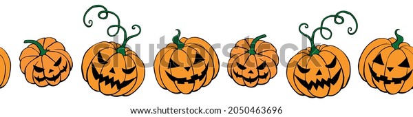 Edging, ribbon,\
border of simple scary spooky smiling pumpkins, Jack lantern.\
Vector seamless pattern, divider, ornament, decoration for\
Halloween in doodle flat style,\
isolated