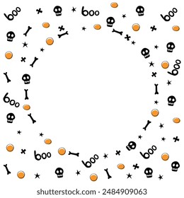 Edging, ribbon, border with skulls, bones, stars. Vector seamless pattern, divider, ornament, decorative element, decoration for Halloween in hand drawn, flat style isolated.