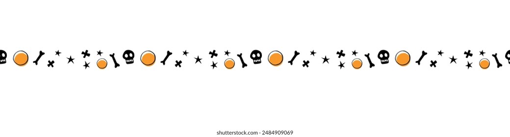 Edging, ribbon, border with skulls, bones, stars. Vector seamless pattern, divider, ornament, decorative element, decoration for Halloween in hand drawn, flat style isolated.