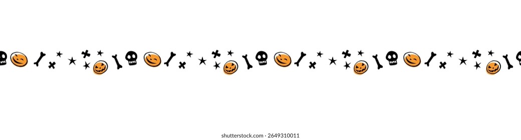 Edging, ribbon, border with skulls, bones, stars. Vector seamless pattern, divider, ornament, decorative element, decoration for Halloween in hand drawn, flat style isolated.