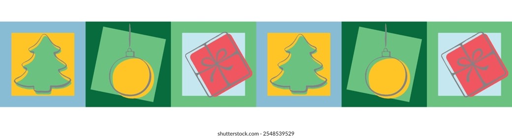 Edging, ribbon, border from xmas holiday icons. Modern geometric christmas mosaic seamless pattern. Vector traditional winter decoration, divider, decorative element. Christmas, new year theme