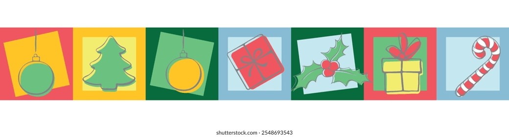 Edging, ribbon, border from xmas holiday icons. Modern geometric christmas mosaic seamless pattern. Vector traditional winter decoration, divider, decorative element. Christmas, new year theme