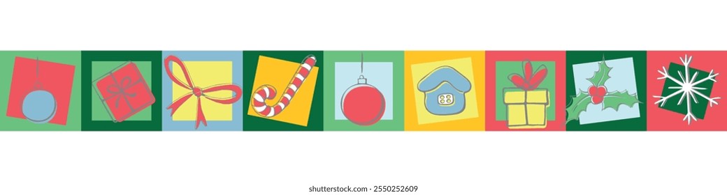 Edging, ribbon, border from xmas holiday icons. Modern geometric christmas mosaic seamless pattern. Vector traditional winter decoration, divider, decorative element. Christmas, new year theme