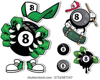 Colección de mascota de 8 bolas. Presenta personajes de patinadores, garras de monstruo y estilos de graffiti. Ilustración vectorial adecuada para pegatinas, camisetas y marcas de ropa de calle.