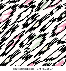 Edgy abstract zebra brush stripe seamless pattern with pastel accents and bold black lines for textile print for fabric, seamless pattern