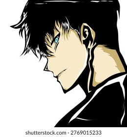 Edgy anime male profile vector art. Intense gaze, sharp lines. High-demand character stock for design projects