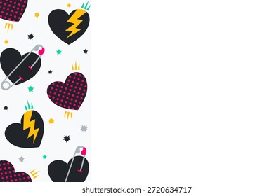 Fundo do Dia dos Namorados de Edgy com espaço de cópia de borda lateral. Modelo legal apresentando corações negros com pinos de segurança e relâmpago. Layout de design plano vetorial para cartão de vida único sarcástico.