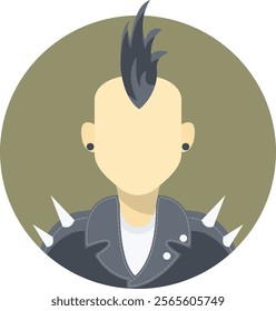 Edgy avatar illustration of a punk character with a mohawk and leather jacket. Perfect for alternative profiles, music websites, and creative branding