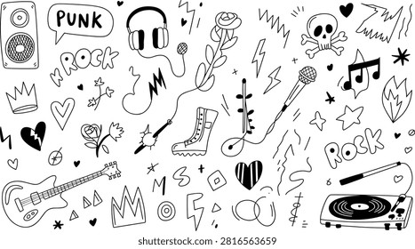 An edgy black and white collection of hand-drawn punk rock doodles featuring an electric guitar, speaker, skull and crossbones, headphones, microphone, record player, combat boot, and roses. Perfect for music festival flyers, album covers, sticker sheets, apparel prints, and casual graphic design projects.