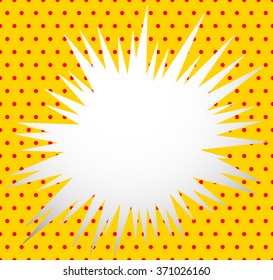 Edgy blank explosion shape over dotted, polka dot, pop art background. Abstract vector element.