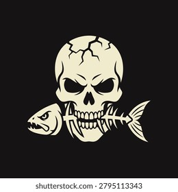 Edgy and dark vector illustration of a cracked human skull with a fish bone in its mouth, perfect for fishing clubs or alternative branding.