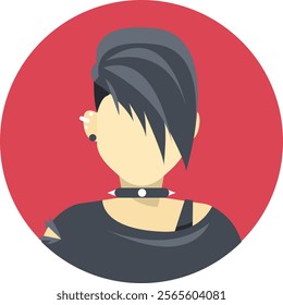 Edgy flat avatar of a person with a punk hairstyle and choker on a red background. Perfect for alternative branding, digital profiles, and creative design projects