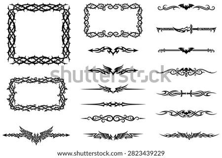 Edgy gothic design elements. Spiky tribal borders and fantasy dividers with wings and weapon motifs for dark art.