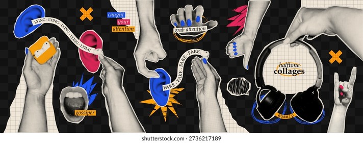 Edgy halftone collage of hands, ears, and text symbols about music, gossip, and lies. Bold design perfect for posters, zines, or social media. Gossip and rumors concept.