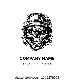 Edgy and intense logo design illustration of a skull zombie wearing a biker helmet, combining the elements of horror and motorcycle culture