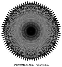 Edgy, jagged circular, circle element. Concentric shapes with distortion effect. Abstract design element.