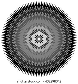 Edgy, jagged circular, circle element. Concentric shapes with distortion effect. Abstract design element.
