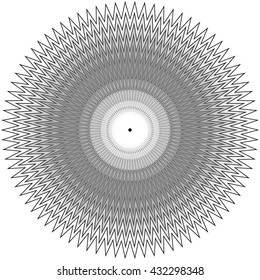 Edgy, jagged circular, circle element. Concentric shapes with distortion effect. Abstract design element.