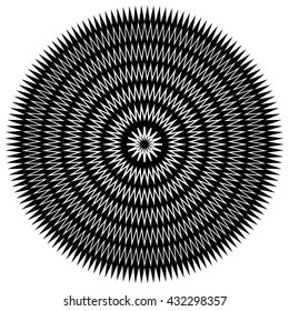 Edgy, jagged circular, circle element. Concentric shapes with distortion effect. Abstract design element.