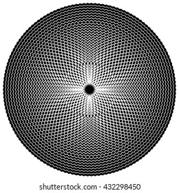 Edgy, jagged circular, circle element. Concentric shapes with distortion effect. Abstract design element.