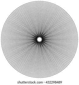 Edgy, jagged circular, circle element. Concentric shapes with distortion effect. Abstract design element.