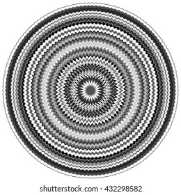 Edgy, jagged circular, circle element. Concentric shapes with distortion effect. Abstract design element.