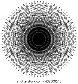 Edgy, jagged circular, circle element. Concentric shapes with distortion effect. Abstract design element.