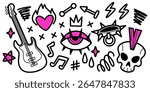 Edgy punk rock doodle set with skull and guitar, lightning and spiky eye, crown and flames. Bold hand drawn pink and black icons for alternative music culture, grunge fashion, underground art.