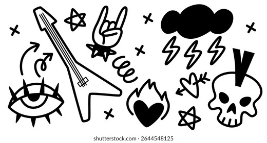 Edgy punk rock doodle set with skull and guitar, lightning and spiky eye, heart and flames. Bold hand drawn black icons for alternative music culture, grunge fashion, underground art.