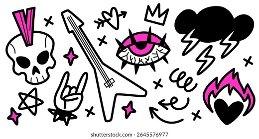 Edgy punk rock doodle set with skull and guitar, lightning and spiky eye, crown and flames. Bold hand drawn pink and black icons for alternative music culture, grunge fashion, underground art.
