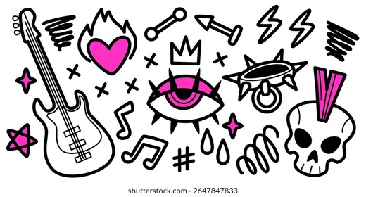 Edgy punk rock doodle set with skull and guitar, lightning and spiky eye, crown and flames. Bold hand drawn pink and black icons for alternative music culture, grunge fashion, underground art.