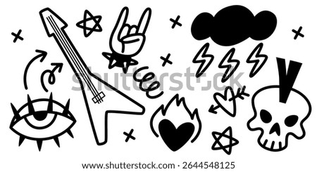 Edgy punk rock doodle set with skull and guitar, lightning and spiky eye, heart and flames. Bold hand drawn black icons for alternative music culture, grunge fashion, underground art.