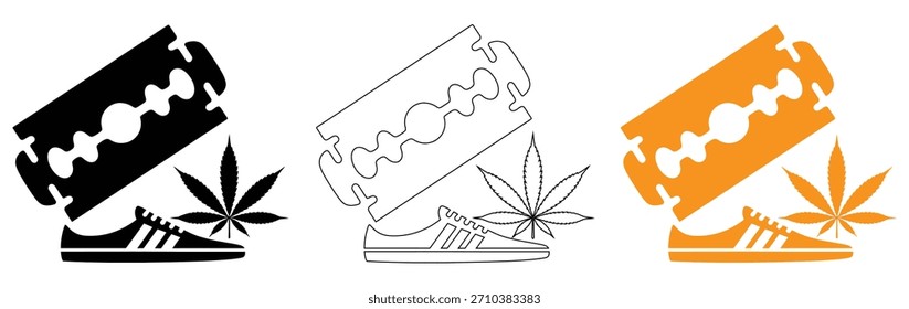 Lâmina de barbear Edgy com folha de maconha e sapato elegante, ícone de lâmina de barbear. silhueta plana version.Hemp silhueta folha preto. Desenho vetorial. Fundo branco isolado.