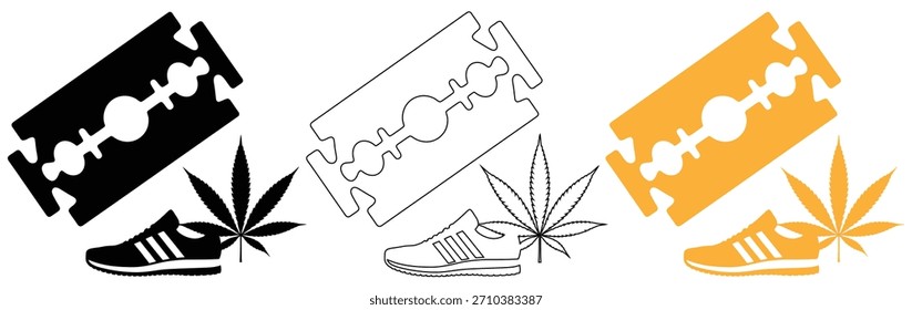 Lâmina de barbear Edgy com folha de maconha e sapato elegante, ícone de lâmina de barbear. silhueta plana version.Hemp silhueta folha preto. Desenho vetorial. Fundo branco isolado.