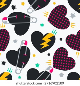 Modelo inconsútil vanguardista de corazones negros con los pernos del rayo. Fondo anti-valentine del diseño plano del Vector fresco para la moda adolescente, los temas punk del rock, y el papel de envoltura rebelde.