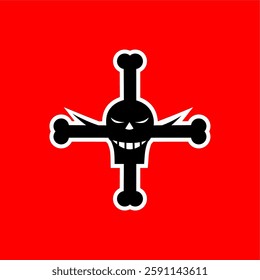  Edgy Skull and Crossbones Vector Sticker – Dark Pirate Emblem. A bold black skull with sharp, menacing features, crossed bones, and an evil grin.