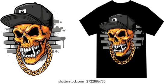Ilustración vectorial de cabeza de calavera vanguardista en estilo streetwear de hip hop con cadena de gorra y Elementos de graffiti. Ideal para estampados de camisetas, carteles de ropa urbana, pegatinas de marca y mercadería audaz para la moda juvenil y la cultura musical.
