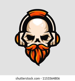 Edgy skull mascot logo featuring a long beard and headphones, perfect for music brands, gaming, or edgy merchandise. A striking design for a bold identity.