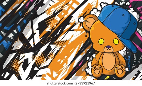 Ilustración vectorial vanguardista de una mascota de oso de peluche guay con una gorra azul. Cuenta con un fondo de graffiti naranja y negro dinámico con patrones de semitonos. Perfecto para ropa de calle, carteles y Diseños gráficos de temática urbana.