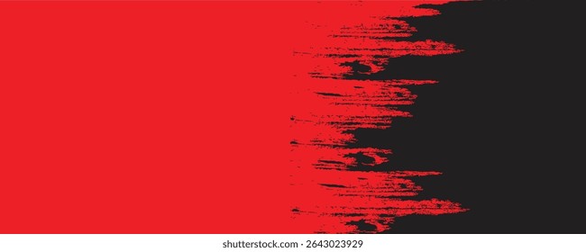 Edgy vector illustration with a dynamic slash of red paint texture dividing fields of solid black and vibrant red. Abstract, grunge style for impactful designs or backgrounds.