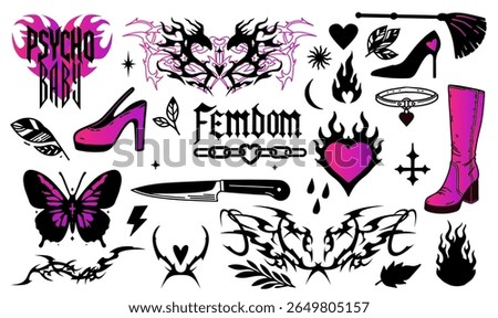 Edgy vector illustration in popular alt-gothic tattoo style. Bold black and neon magenta graphics include boots, knives, butterflies, hearts, chains, and flames with sharp, rebellious shapes.