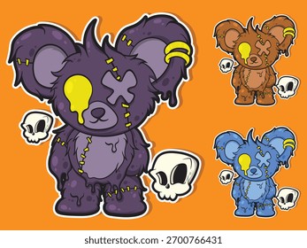 Edgy vector sticker design featuring a cute monster teddy bear with stitches, drip effect, and skulls. Gothic, punk, and cartoon style for merchandise or apparel.