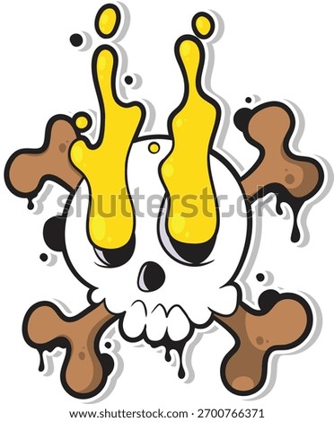 Edgy vector sticker of a melting skull with yellow ooze from eyes and crossbones. Modern punk, gothic, or urban art style for apparel, tattoo, gaming, or brand design.