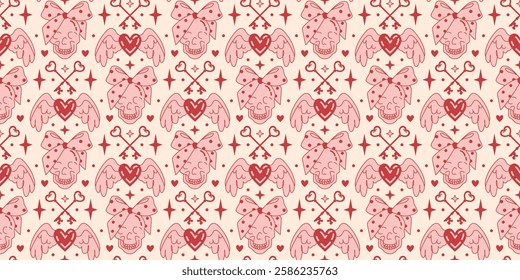 Edgy yet feminine wide seamless background. Pink winged skulls, heart-shaped locks, punk rock inspired elements. Bold and flirty endless pattern for tattoo-inspired prints, glam gothic textiles