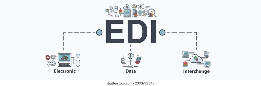 Vector de icono web de banner EDI para el intercambio electrónico de datos del formato estándar del negocio con un servidor en la nube, intercambio, base de datos, archivo, gráfico, automatización y proceso. Infografía plana mínima.