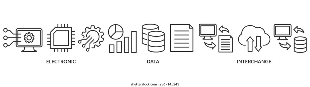 Icono web de banner de EDI concepto de ilustración vectorial para el intercambio electrónico de datos de documentos de negocios formato estándar con un servidor en la nube, intercambio, base de datos, archivo, gráfico, automatización e icono de proceso