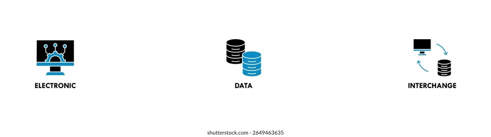Ícone de vetor da web do banner do EDI conceito de ilustração para o intercâmbio eletrônico de dados de documentos de negócios formato padrão com um servidor em nuvem, intercâmbio, banco de dados, arquivo, gráfico, automação e ícone de processo
