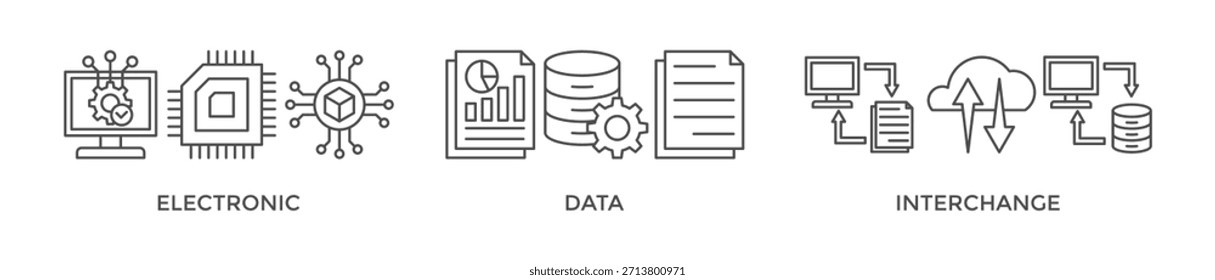 EDI-Banner-Web-Symbol, Vektorgrafik-Konzept für den elektronischen Datenaustausch von Geschäftsdokumenten, Standardformat mit einem Cloud-Server, Exchange, Datenbank, Datei, Diagramm, Automatisierung und Prozesssymbol