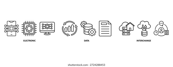 Concepto de Ilustración vectorial de íconos de Web de Anuncio EDI para el intercambio electrónico de datos de documentos comerciales Formato estándar con un servidor en la nube, intercambio, base de datos, archivo, gráfico, automatización e ícono de proceso