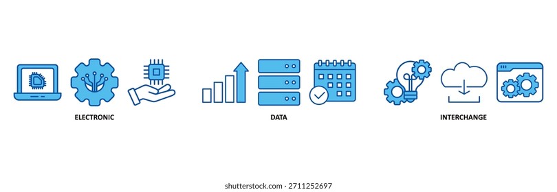 EDI-Symbolsatz In Blue Style Vektorgrafik für den elektronischen Datenaustausch von Geschäftsdokumenten Standardformat mit einem Cloud-Server, Austausch, Datenbank, Datei, Diagramm, Automatisierung und Prozesssymbol